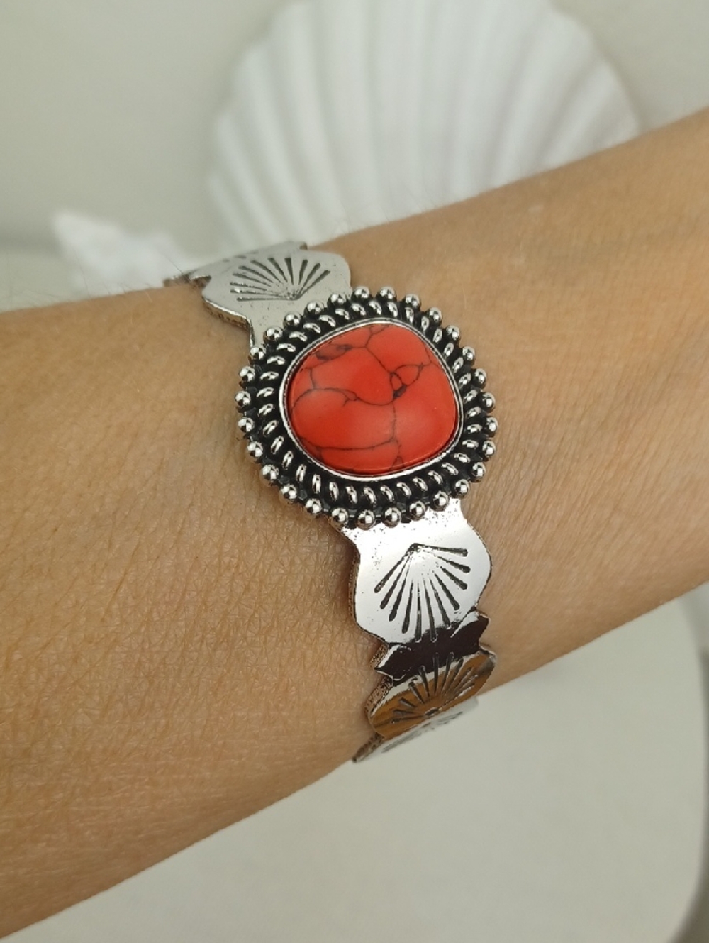 Southwest Sterling-Style Silver Cuff Red Stone Bracelet - Picture 6 of 9